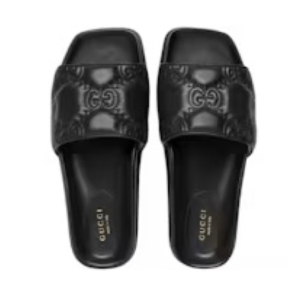 Gucci GG Matelasse Slide Gucci Black Genuine Leather Sandals Iconic Logo NEW